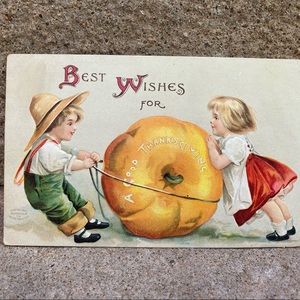 Best Wishes for Thanksgiving Boy & Girl Pumpkin c1908 Int Art Pub Co Postcard